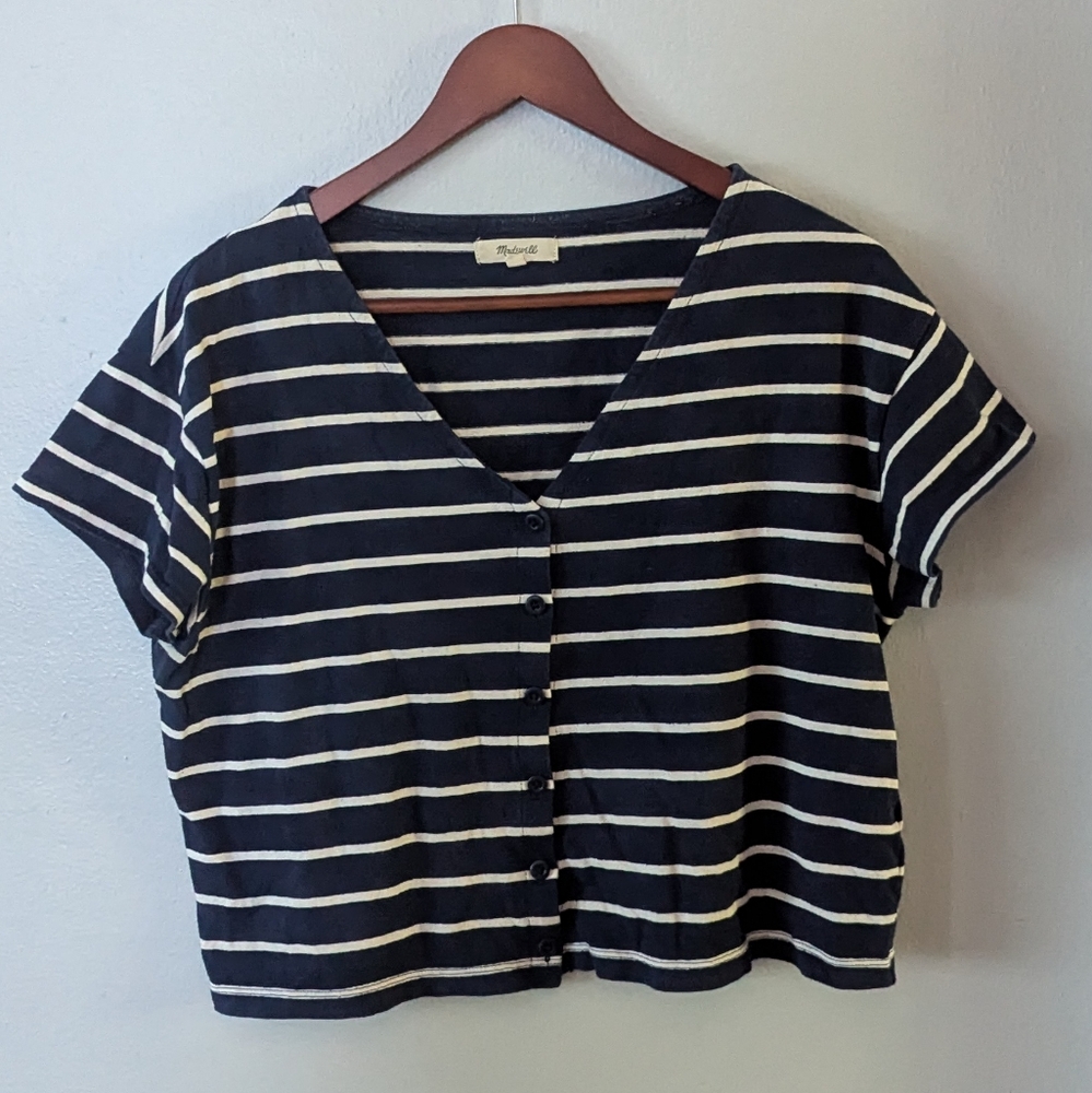 Madewell V-Neck Button-Front Boxy-Crop Tee in Indigo Stripe